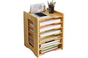 HGGZEG Wooden Desk File Organiser, A4 Paper Letter Tray Desktop File Holder Document Storage Rack Desk Tidy Organiser for Home Office Supplies(js06,Cherry Wood)