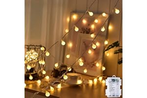 FPEAOB Guirnalda de luces LED impermeable para exteriores con pilas, 5 m, 50 bombillas LED blanco cálido. Iluminación de Navidad para habitación infantil, balcón, fiesta, decoración