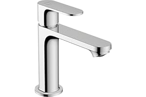 hansgrohe Rebris S - grifo lavabo sin desagüe, ahorro de energía (CoolStart), grifo monomando lavabo 109 mm, mezclador monomando lavabo ahorro de agua (EcoSmart), cromo, 72520000