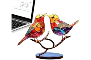 PW TOOLS Stained Glass Birds on Branch, Home Desktop Ornaments Stained Glass Birds, Long Lasting Small Acrylic Household Decor with Metal Base for Bedroom, Side Table, Desk, Shelf
