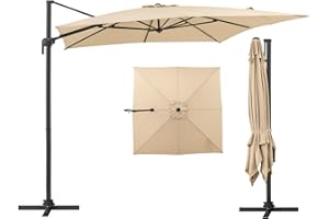COSTWAY 3M Cantilever Garden Parasol, Square Offset Banana Hanging Umbrella with 5 Adjustable Tilt, 360° Rotation, Crank Handle & Cross Base, 8-Rib Outdoor Sun Shade Canopy for Patio Market