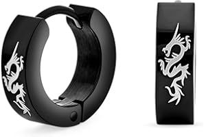 BLING JEWELRY Biker Jewelry Small Laser Etched Cross Dragon Light Bolt Stars Eagle Skulls Lizard Greek Key Hoop Kpop Huggie Earrings For Men Women Teen Black IP Silver Gold Tone Plated Stainless Steel .50" Diameter