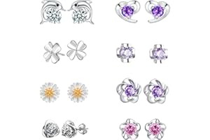 BEYEQCEZ 8 Paires Boucle D'oreille Zirconium Cubique Brillant Clous, Boucles d'Oreilles Hypoallergéniques pour Femmes Filles Acier Inoxydable 316L CZ Coeur Vis Dos Boucles d'Oreilles Fleur d'Oreilles Ensemble