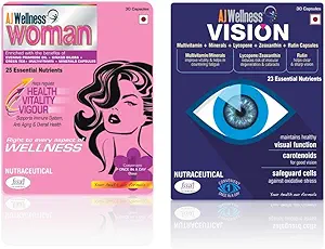 Ajwellness Woman & vision - Multivitamin capsules combo -of Woman & Vision enriched with multivitamins, Minerals & Natural Extracts like Bilberry, Rutin, Lycopene & Zeaxanthin for the nutritional need of eye & sharper vision, Green Tea, Evening Primrose Oil, Ginkgo Biloba for women which increase immunity, improve hair, skin & bone health (60 soft gel capsules, pack of 2)