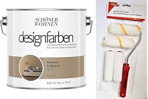 HAGEBAUSPN Schöner Wohnen designfarben feinmatte Wandfarbe für innen 2,5 Liter mit go/on Rollen-Set 5-tlg (Nr 6 Warmes Erdbraun)