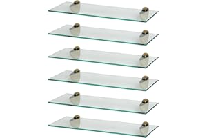 Harbour Housewares Floating Glass Bathroom Shelves - 50cm - Clear/Gold - 6x Wall-Mounted Kitchen Bedroom Shower Room Décor Caddy Towel Storage Organiser Shelving Rack with Brackets