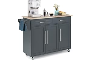 COSTWAY Wózek kuchenny na kółkach, wózek do serwowania z blatem roboczym, 2 szuflady, wieszak na noże i ręczniki, drewniany wózek kuchenny, szafka kuchenna do kuchni, wózek pomocniczy, wyspa kuchenna