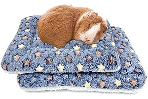 Amakunft 2 Pcs Guinea Pig Bed Mat Washable,Soft Fluffy Rabbit Mat,Guinea Pig Fleece Heat Pad,Small Animals Bedding for Bunny Rat Hedgehog Chinchilla (Blue Stars,12.6'' x 9.8'')