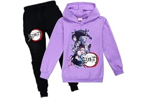 Yumenam Ragazze e Ragazzi Felpa con Cappuccio e Pantaloni 2 Pezzi Tuta Set Tanjirou Nezuko Stampato Casual Pullover + Nero Pantaloni Abbigliamento Sportivo