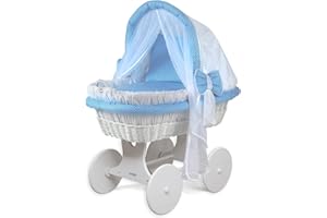 WALDIN BABY COLLECTION WALDIN Landau/Berceau bébé Complet, XXL, 24 modèles Disponibles, Cadre/Roues Blanc laqué, Couleur du Tissu Blanc/Bleu avec Points