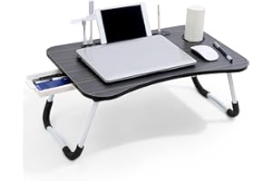 Warmiehomy Laptop Table with USB Ports, Laptop Desk with Drawer ⋓ Holder&Pen Slots, Folding Bed Table, Laptop Tray with Legs on Bed or Sofa for Working/Reading, Black