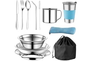 ZOYDP Popote Camping, Kit Vaisselle Camping, Vaisselle Pique Nique Inoxydable, Kit Couvert Camping avec Assiette Tasse Couteau Fourchette Cuillère Sac Rangement pour Voyage Pique-Nique