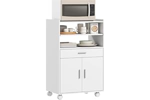 HOMCOM Mobile Microonde con Ruote, Credenza Cucina con Cassetto, Piano per Elettrodomestici, Armadietto a 2 Ante, Ripiano Estraibile e Ripiano Aperto, Carrello Cucina per Soggiorno, 59x40x92cm, Bianco