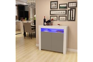 COLORSTONE Modern 2 High Gloss Doors Matt Body Sideboard Storage Cabinet with RGB LED Light in Living Room, Bedroom, 107 x 35 x 97 cm(White&Gray)