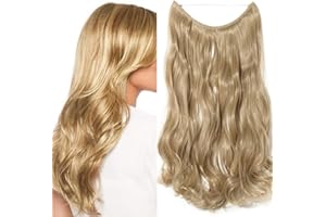 TESS Extensiones Hilo Invisible Pelo Natural 50 cm, Rubio medio Extensiones Pelo Natural Ondulado 90g Pelo Sintético Una Pieza