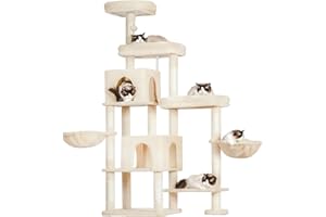 Hey-brother Arbre à Chat XXL pour Grands Chats, 180 cm de Haut, Stable, élargi à Droite, avec 3 Plateformes Confortables, 3 Grandes niches et 2 paniers pour Chat, Beige EMPJ038M