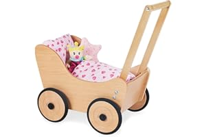 Pinolino Puppenwagen Sarah, aus Holz, mit Bremssystem, Lauflernhilfe mit gummierten Holzrädern, für Kinder von 1 – 6 Jahren, natur