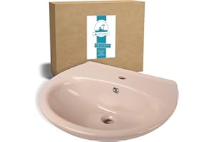 ‎CALMWATERS Calmwaters® Ovales Waschbecken in Beige-Bahamabeige, aus hochwertiger Sanitär-Keramik mit Hahnloch und Überlauf zur Wandmontage, ovaler Hänge-Waschtisch, 55 x 46 cm groß, 05AB2295