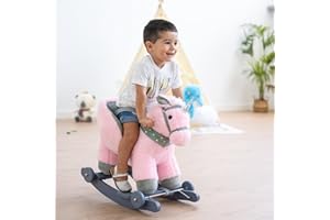ATAA Cheval à Bascule (Licorne) 2 en 1 pour Enfant en Peluche Douce et Non-Toxique pour Les bébés, avec poignées, Base en Bois, roulettes et Sons, idéal pour décoration de Chambre d'enfant