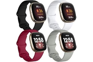JUVEL Bracelet Compatible avec Fitbit Versa 3 Bracelet/Fitbit Sense/Versa 4 Bracelet, 4 Pack Remplacement Sport en Silicone Souple Bracelets pour Femme Homme, Petit Grand