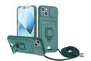 Zallagre Handykette Hülle kompatibel mit iPhone 13.[2 Stück] Schutzfolie Glas,Kameraschutz,360 Grad Ringhalter Stand,Kartenfach,Silikon hülle-Dunkelgrün
