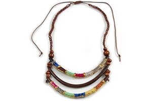 Avalaya Statement Layered Wooden Bar with Leather Detailing Cotton Cord Necklace (Brown, Multicoloured) - 54cm L (Min)/ Adjustable