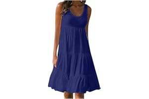 AMhomely Summer Dresses for Women UK Plus Size Skater Dress Casual Sleeveless Tank Dress Ladies Round Neck Knee Length Sundresses Trendy Beach A Line Tunic Dress Loose Shift Dress Clearance