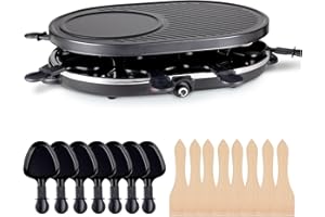 ‎HAUSHALTO Raclette Set für 8x Personen - antihaftbeschichtet- Tischgrill inkl. Pfännchen & Schaber (Rund)