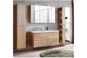 Lomadox Complete Bathroom Furniture Set with Double Vanity Unit Including Double Ceramic Basin 120 cm Wotan Oak and High Gloss White with LED Mirror Cabinet