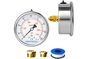 Hansfelds 0-160bar Pressure Gauge Liquid Filled 1/4'' BSP Back Mount 63mm Dial Face stainless steel case Brass Connection Dual Scale bar/psi Accuracy1.6,2Pieces Bushing reducer 1/4"to 3/8",1/4"to1/2"