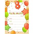 Kirsten McMillan 32 Orange Age 8 Birthday Party Invitations for Kids with Envelopes - Pack of 32 Balloon Party Invites for Girls & Boys - Designed and Printed in the UK