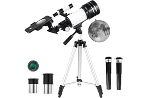 Misilmp Teleskop für Kinder & Anfänger, 70mm Aperture 300mm Refraktor Teleskope Einsteiger, mit Ausziehbarem Stativ, Okulare, Sucherfernrohr, Mondfilter Astronomie Erwachsene Telescope (Weiß)
