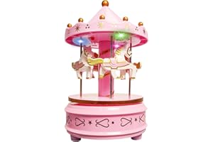 WEofferwhatYOUwant Carousel Music Box Pink – Rotating Horse Merry Go Round with Colour-Changing LED Lights | Wind-Up Musical Box Plays Beethoven’s Für Elise | Nursery Night Light, Cake Topper & Gift