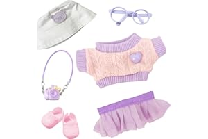 CARREUTY 6 Stück Kleidung für 17cm Puppen, T-Shirt mit Herz Tutu-Rock Hut Brille Kamera-Anhänger 1 Paar Schuhe für die 17 cm Mini Plüschpuppe, Nicht im Lieferumfang Enthalten Lila