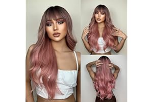 QIHANG Perruque Rose avec Frange Longue Perruque Ondulée Ombre Rose Perruques pour Femmes Synthétique Résistante à la Chaleur Perruques Cosplay pour Femmes pour Les Fêtes Quotidiennes (26 Pouces)