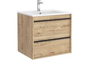 SALGAR Conjunto Mueble baño 60 cm con Lavabo 100% montado de fábrica | Modelo Attila acabado madera Roble Ostippo suspendido 2 cajones cierre amortiguado Tiradores negro mate con Lavabo porcelana blanca