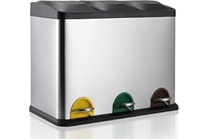 LIFERUN Rubbish Bin 3 Compartments, 3 x 15 Litre Waste Separation System Kitchen, 45L Soft-Close Pedal Bin Made of Metal, Large Waste Bin with Lid, Waste Separation, Rectangular