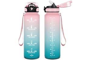 HoneyHolly Gourde 1L, étanches & sans BPA, Gourde Paille, Marqueur de temps de motivation, Gourde Sport, Échelle de mesure, Bouteille d'eau, Gourde pour Sport, Camping, Enfant, Randonnée