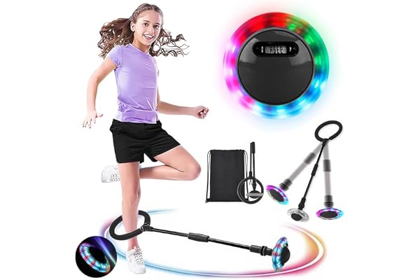 Skip Ball Cheville,Skip Ball Lumineux Avec Compteur,Pliable Anneau de Anneau de Saut Cheville Enfant,avec des Lumières Coloréeset Sacs de Rangement,Parfait pour Jeux Exterieur Enfant 6 Ans-10 Ans