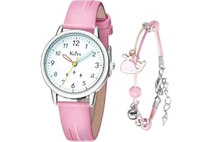 KDM Kids Watches for Girls Analogue Quartz Girls Watch and Bracelet Set, Time Teacher Watches Girls Leather Strap Luminous Waterproof Childrens Wrist Watch Easy Read, Kids Gifts Age 3-12