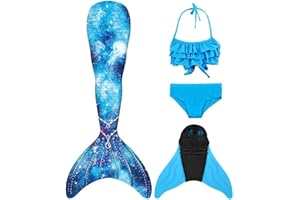 Pyjacos meerjungfrauenflosse mädchen Badeanzug - Meerjungfrau Flosse Bademode mit Bikini Set und Monoflosse Mermaid Tail, 4 Stück Set