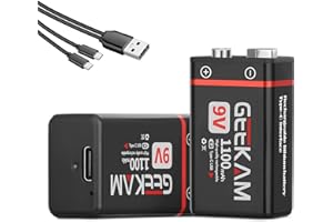 GEEKAM Batería de 9 V, 2 baterías recargables de 1100 mAh, 9 V, con cable de carga USB-C 2 en 1 para detector de humo, micrófono, multímetro, juguete, controlador de juegos