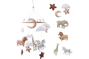 Coriver Wooden Baby Mobile - Chime for Bed with Felt Balls, Crib with Moon Cloud Pendant Animal Hanging Arm Decoration Bell