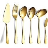 HOMQUEN 6 Pieces Golden Cutlery Set, Includes Cake Server, Slotted Serving Spoon, Cold Meat Fork, Butter Knife, Soup Ladle
