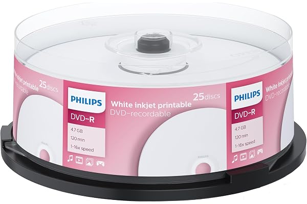 Philips DVD-R imprimables High-Speed (4,7 GB /120 Minutes de vidéo, Vitesse 1-16x, Cake Box 25 pièces, imprimables pour Inkjet)