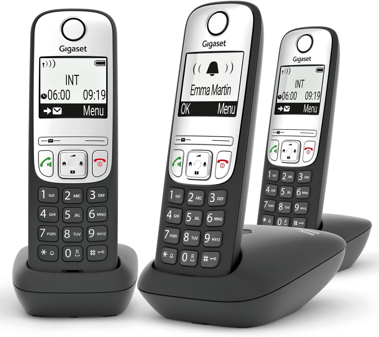 Gigaset A690 Trio - Tres Teléfonos DECT Inalámbrico - Pantalla Gráfica en Blanco y Negro Iluminada - Gran Autonomia, Negro [Versión Española]