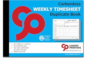 CHERRY PRINTERS Cherry Weekly Timesheet Duplicate Book A5 S+L | 40 Carbonless Duplicate Sets | Perforated Top Copy for Easy Removal | Record Working Hours Overtime & Tasks | for Businesses Contractors & Freelancers