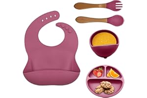 BIZCASA Baby Weaning Set, 5pcs Toddler Feeding Set Adjustable Bib with Large Crumb Pouch, Suction Bowl, Spoon, and Fork Baby Feeding Sets Easy Wipe Clean Cutlery Set BPA Free for Babies and Toddler,Pink