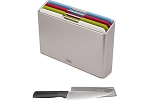 Joseph Joseph Folio - Ensemble de planche à découper avec étui de rangement et couteau élévateur GRATUIT, plastique, argent