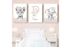 YOUIHOM 3 Poster Nombre Personalizado Bebe Laminas Rosa y Gris Safari Elefante León Cuadro Habitacion Dormitorio Niña Niños Decoración Pared Lienzo Infantil Regalo 30x40 cm sin Marco